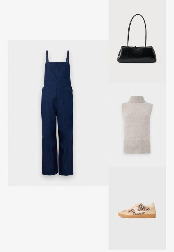 Pantalones de mezclilla azul marino con perneras amplias, tirantes ajustables y bolsillos laterales, que presentan un diseño limpio y minimalista con una textura suave.; Chaleco de punto sin mangas en color beige con cuello alto, sisas y dobladillo acanalados sobre un fondo blanco.; Zapatillas de leopardo con parte superior de ante beige, suela de goma marrón y acentos blancos. Punta redonda y diseño con cordones con un acabado texturado.; Bolso de hombro rectangular negro con correas largas y delgadas y una textura lisa y brillante sobre un fondo liso.
