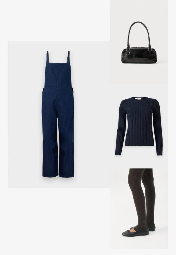 Pantalones de mezclilla azul marino con perneras amplias, tirantes ajustables y bolsillos laterales, que presentan un diseño limpio y minimalista con una textura suave.; Suéter de punto de canalé azul marino de manga larga con escote redondo y cierre de botones en el lado izquierdo. Fabricado con un material de punto suave.; Piernas con leggings oscuros acanalados combinados con bailarinas negras que presentan pequeños detalles de lazo sobre un fondo blanco.; Bolso de mano de cuero negro con forma rectangular, equipado con un asa estructurada, herrajes en plata y cierre de cremallera. Textura suave.
