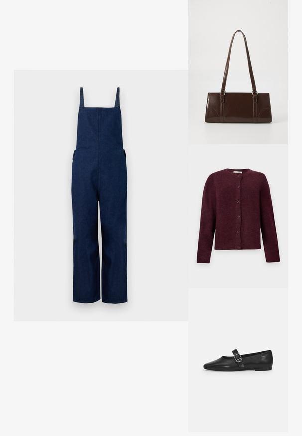 Marineblaues Denim-Overall mit weit ausgestellten Beinen, verstellbaren Trägern und Seitentaschen, das durch ein schlichtes, minimalistisches Design und eine glatte Textur besticht.; Bordeauxfarbener Cardigan aus weichem Material, mit langen Ärmeln, runder Ausschnitt und sechs Druckknöpfen auf der Vorderseite.; Schwarzer Lederflatschuh mit runder Zehenform, einem verstellbaren Schnallenriemen und einer glatten, glänzenden Oberfläche. Minimalistisches Design mit einem niedrigen Absatz.; Braune Lackleder-Handtasche in rechteckiger Form, mit zwei langen Griffen und subtilen, geschwungenen Akzenten auf der Vorderseite.