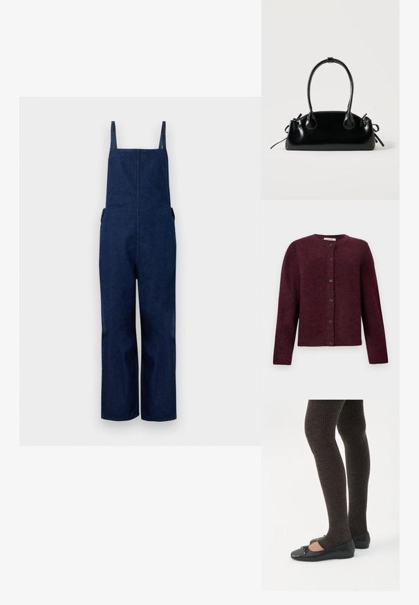 Pantalones de mezclilla azul marino con perneras amplias, tirantes ajustables y bolsillos laterales, que presentan un diseño limpio y minimalista con una textura suave.; Cárdigan burdeos hecho de una tela suave, con mangas largas, un cuello redondo y seis botones en la parte delantera.; Piernas con leggings oscuros acanalados combinados con bailarinas negras que presentan pequeños detalles de lazo sobre un fondo blanco.; Pequeño bolso negro brillante con dos asas largas y detalles de cordón lateral sobre un fondo claro liso.