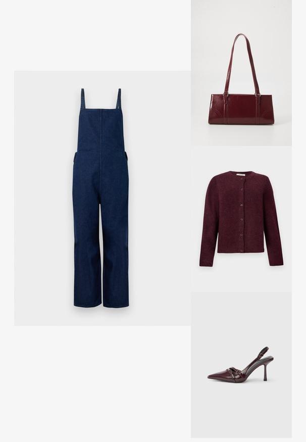 Pantalones de mezclilla azul marino con perneras amplias, tirantes ajustables y bolsillos laterales, que presentan un diseño limpio y minimalista con una textura suave.; Cárdigan burdeos hecho de una tela suave, con mangas largas, un cuello redondo y seis botones en la parte delantera.; Zapato de tacón slingback de charol burdeos con puntera puntiaguda, fina correa en el tobillo y pequeño detalle decorativo de hebilla. Textura suave y tacón alto.; Bolso burdeos hecho de material brillante, de forma rectangular, con dos asas para el hombro y sutiles acentos curvados en la parte frontal.