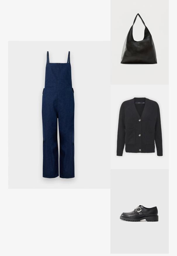 Tumed denim üleüldised püksid laia säärega, reguleeritavate rihmade ja küljetaskutega, millel on puhas, minimalistlik disain ja sile tekstuur.; Must mustreid kardigan, mis on valmistatud pehmest kudumisest, V-kaelusega, ribakätega, ees olevate taskutega ja nelja suure nupuga.; Mustad nahast kingad ümarate varvastega, küljes kaaluga d detailiga ja paksu, robustse tallaga. Sile tekstuur, minimaalne õmblemine.; Mustast siledast nahast õlakott, millel on lai, üksik rihm ning pehme, minimalistlik disain ühevärvilisel taustal.