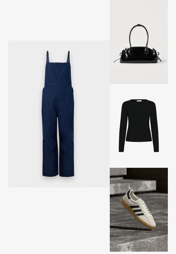 Pantalones de mezclilla azul marino con perneras amplias, tirantes ajustables y bolsillos laterales, que presentan un diseño limpio y minimalista con una textura suave.; Cárdigan negro de canalé con cuello redondo, mangas largas y cierre delantero de botones. La tela tiene una textura suave y un diseño ajustado.; Zapatilla blanca Adidas Spezial con rayas negras y suela de goma flotando sobre escalones de piedra grises al aire libre.; Pequeño bolso negro brillante con dos asas largas y detalles de cordón lateral sobre un fondo claro liso.
