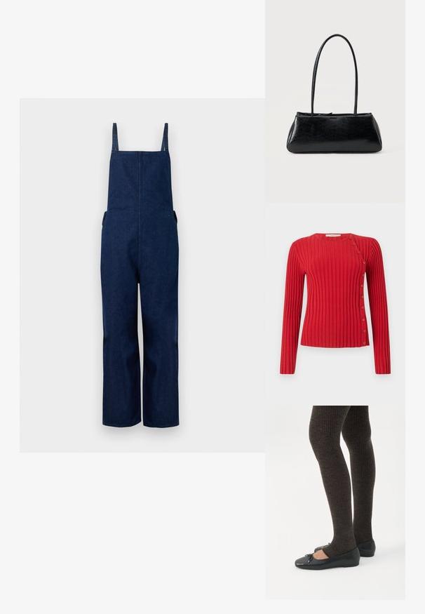 Salopette en denim marine avec jambes larges, bretelles ajustables et poches latérales, présentant un design épuré et minimaliste ainsi qu'une texture lisse.; Pull à col rond à manches longues en maille rouge côtelée avec des boutons diagonaux allant de l'épaule à l'ourlet sur fond clair.; Jambes portant des leggings côtelés foncés associés à des ballerines noires avec de petits détails en nœud sur fond blanc.; Sac à épaule rectangulaire noir avec de longues bretelles fines et une texture lisse et brillante sur un fond uni.