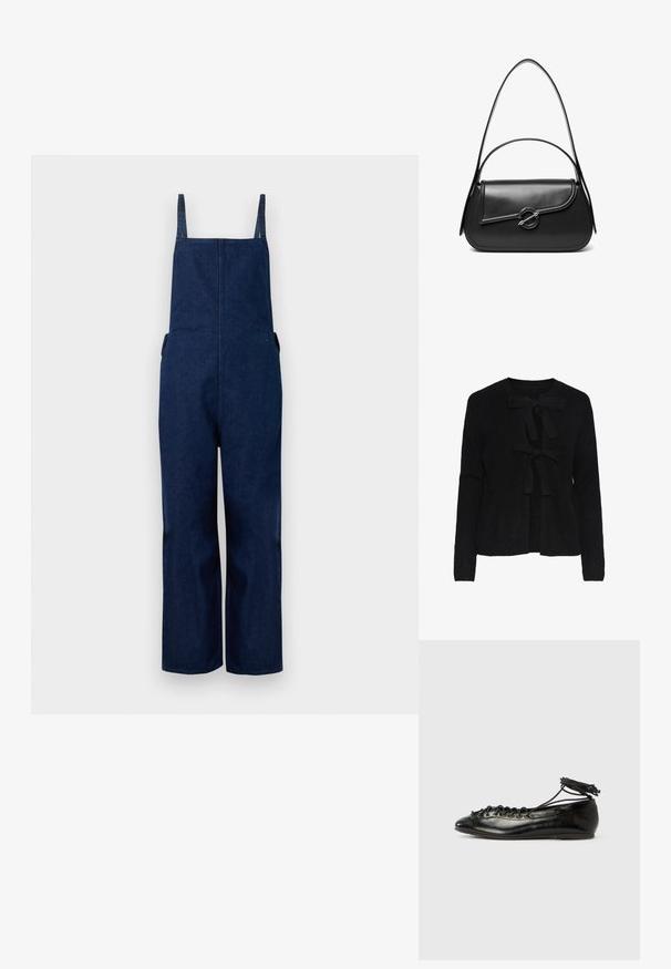 Marine denim dungarees met wijd uitlopende benen, verstelbare banden en zijzakken, met een strakke, minimalistische uitstraling en een zachte textuur.; Zwarte gebreide cardigan met een ronde hals, voorzien van twee voorknoopjes en een gestructureerd patroon. Lange mouwen en een cropped lengte.; Zwarte ballerina's van lakleer met een afgeronde neus, veterdesign en een platte zool. Glad oppervlak met minimale details.; Zwarte leren schoudertas met een gebogen klep die is bevestigd met een ronde metalen sluiting en een smalle, verstelbare band.