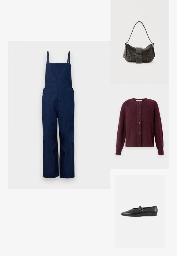 Marineblå denim overalls med brede ben, justerbare stropper og sidelommer, der har et rent, minimalistisk design og en glat tekstur.; Marmeladefarvet cardigan lavet af struktureret strikket stof, med rund hals, lange ærmer og fem sorte knapper ned foran.; Sorte læder flade sko med spidse tæer, prydet med en metallisk spænde over vristen og en lav, fleksibel sål.; Sort læder skuldertaske med spænde på remmen, afrundede kanter og kontrasterende hvide syninger på en ensfarvet baggrund.