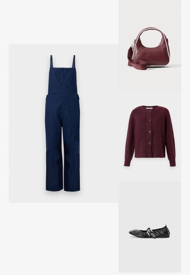 Salopette en denim marine avec jambes larges, bretelles ajustables et poches latérales, présentant un design épuré et minimaliste ainsi qu'une texture lisse.; Cardigan couleur marmelade en tissu tricoté texturé, avec un col rond, des manches longues et cinq boutons noirs sur le devant.; Chaussure plate en cuir noir avec un nez pointu, des détails froncés autour de l'ouverture et un accent en boucle argentée sur la bride ajustable.; Sac à main en cuir tressé marron foncé avec poignée courbée, garniture blanche, fermeture éclair argentée et bandoulière large en tissu amovible sur fond uni.