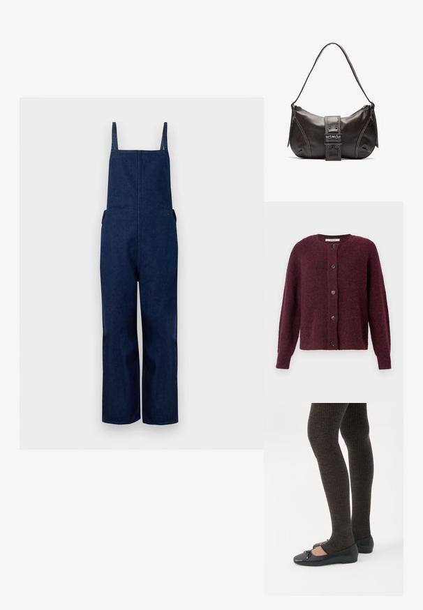 Marineblå denim overalls med brede ben, justerbare stropper og sidelommer, der har et rent, minimalistisk design og en glat tekstur.; Marmeladefarvet cardigan lavet af struktureret strikket stof, med rund hals, lange ærmer og fem sorte knapper ned foran.; Ben iført mørke ribbede leggings kombineret med sorte balletsko med små sløjfedetaljer på hvid baggrund.; Brun læder skuldertaske med en buet form, der har et fremtrædende spænde, kontrasterende syninger og en enkelt skulderrem.