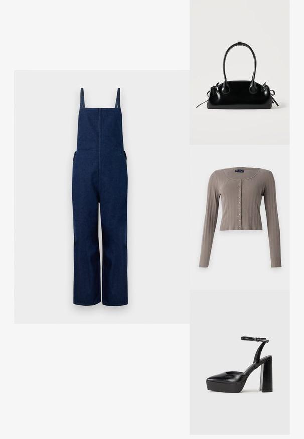 Marine denim dungarees met wijd uitlopende benen, verstelbare banden en zijzakken, met een strakke, minimalistische uitstraling en een zachte textuur.; Langsleeve, cropped cardigan in lichtbruin ribstof. Heeft een ronde halslijn en knoopsluiting met metalen accenten.; Zwarte plateauhakken met een puntige neus en verstelbare enkelband. Gemaakt van soepel leer, met een robuuste blokhak.; Kleine zwarte glanzende handtas met twee lange hengsels en zijkant trekkoord details op een effen lichte achtergrond.