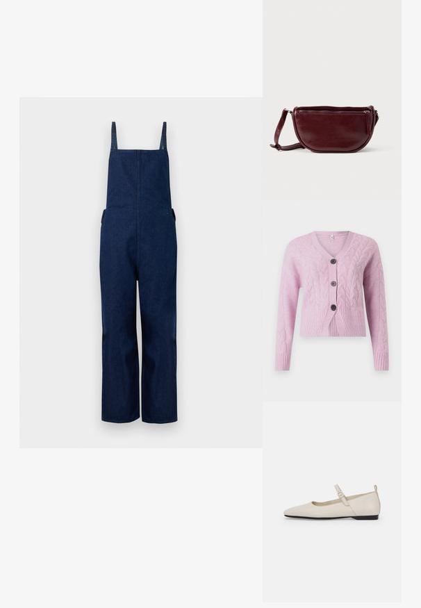 Marineblå denim overalls med brede ben, justerbare stropper og sidelommer, der har et rent, minimalistisk design og en glat tekstur.; Lyserød cropped cardigan lavet af tekstureret strik med kabelmønstre, der har V-hals, ribbet kant og tre mørke knapper foran.; Hvide ballerinasko i læder med spids tå, ankelsnor og lav sort hæl. Glat tekstur med minimale detaljer.; Vinrød læderhåndtaske med halvmåneform, lynlås og aftagelig rem. Glat tekstur med en subtil glans.