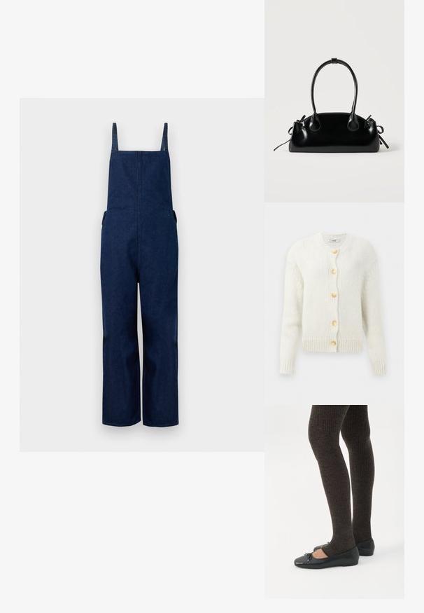 Marineblaues Denim-Overall mit weit ausgestellten Beinen, verstellbaren Trägern und Seitentaschen, das durch ein schlichtes, minimalistisches Design und eine glatte Textur besticht.; Cremefarbener, gestrickter Cardigan mit rundem Halsausschnitt, ausgestattet mit vier großen, goldfarbenen Knöpfen sowie gerippten Bündchen und Saum. Strukturierter Stoff.; Beine in dunklen, gerippten Leggings kombiniert mit schwarzen Ballerinas mit kleinen Schleifendetails auf weißem Hintergrund.; Kleine schwarze glänzende Handtasche mit zwei langen Griffen und seitlichen Kordelzug-Details vor einfachem hellem Hintergrund.
