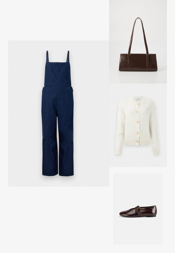 Marine denim dungarees met wijd uitlopende benen, verstelbare banden en zijzakken, met een strakke, minimalistische uitstraling en een zachte textuur.; Crème, gebreide cardigan met een ronde halslijn, met vier grote, gouden knopen en geribbelde manchetten en zoom. Gestructureerde stof.; Donkerbruine lakleren platte schoen met een grote gouden gesp en een afgeronde teen, zijaanzicht op een witte achtergrond.; Bruine lakleren handtas met een rechthoekige vorm, twee lange handvatten en subtiele gebogen accenten aan de voorkant.