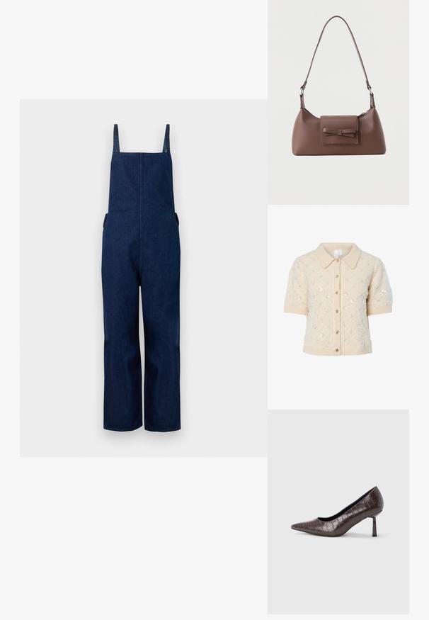 Marine denim dungarees met wijd uitlopende benen, verstelbare banden en zijzakken, met een strakke, minimalistische uitstraling en een zachte textuur.; Beige gebreid vest met korte mouwen, kraag, decoratieve pailletten en knoopsluiting aan de voorkant. Geribbelde manchetten en zoomdetail.; Bruine nepleren pumps met een puntige neus en krokodillenstructuur, voorzien van een slanke, hoekige hak en een gladde binnenvoering.; Bruine leren schoudertas met een voorvak met klep en een gestikte strikdetail en een verstelbare band.