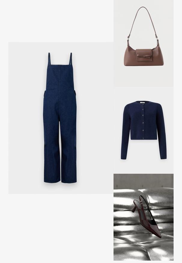 Marineblaues Denim-Overall mit weit ausgestellten Beinen, verstellbaren Trägern und Seitentaschen, das durch ein schlichtes, minimalistisches Design und eine glatte Textur besticht.; JDY JDYCHLOE L/S CARDIGAN KNT NOOS - Strickjacke - night sky; Glänzender, dunkelroter Slingback-Pumps mit hohem Absatz und spitz zulaufender Vorderkappe, präsentiert auf glänzendem, silbernem, gesteppter Lederoberfläche.; Braune Leder-Umhängetasche mit einer vorderen Klappentasche, die ein gestepptes Schleifendetail und einen verstellbaren Riemen aufweist.