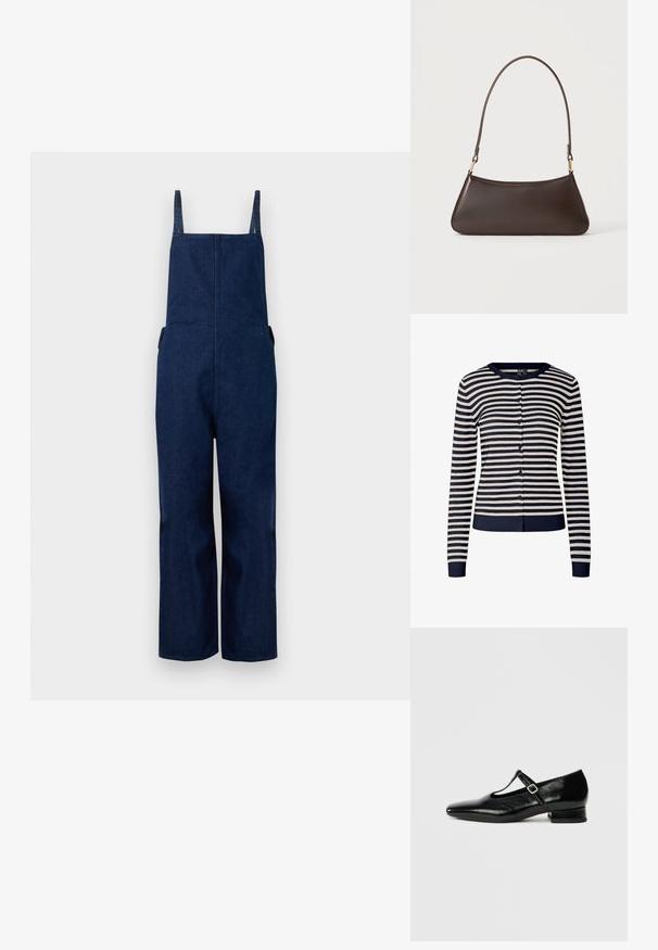 Marine denim dungarees met wijd uitlopende benen, verstelbare banden en zijzakken, met een strakke, minimalistische uitstraling en een zachte textuur.; Marineblauw en crèmekleurig gestreepte cardigan, gemaakt van zachte gebreide stof, met een ronde hals, lange mouwen en knoopsluiting aan de voorkant.; Zwarte leren Mary Jane schoenen met een puntige neus, een kleine blokhak en een verstelbare riem met een zilveren gesp. Gladde, glanzende textuur.; Donkerbruine leren handtas met een gebogen bovenrits en een dunne schouderriem met gouden sluitingen op een effen achtergrond.