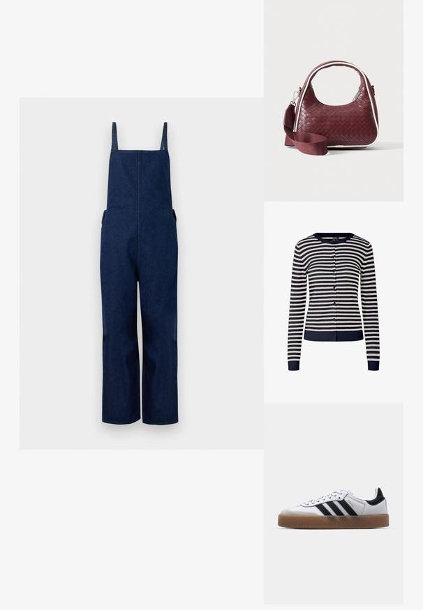 Marineblaues Denim-Overall mit weit ausgestellten Beinen, verstellbaren Trägern und Seitentaschen, das durch ein schlichtes, minimalistisches Design und eine glatte Textur besticht.; Marineblaue und cremefarbene gestreifte Strickjacke aus weichem Strickstoff, mit Rundhalsausschnitt, langen Ärmeln und Knopfverschluss vorne.; Weiße Leder Sneakers mit schwarzen Streifen, Gummigummi-Außensohle, runder Zehenform, Schnürverschluss und weichem grauem Wildleder-Zehenkappe.; Dunkelrote gewebte Ledertasche mit gebogenem Griff, weißem Besatz, silbernem Reißverschluss und abnehmbarem breitem Stoff-Schulterriemen vor einfarbigem Hintergrund.