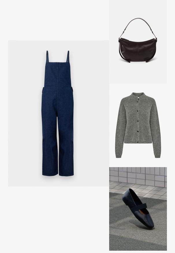 Marine denim dungarees met wijd uitlopende benen, verstelbare banden en zijzakken, met een strakke, minimalistische uitstraling en een zachte textuur.; Grijze cardigan van textuur gebreide stof, met een ronde halslijn, lange mouwen en zwarte knopen aan de voorkant.; Zwarte leren platte schoen met een ronde neus, voorzien van een zachte zwarte elastische band over de wreef. Gladde textuur en minimalistisch ontwerp.; Donkerbruine leren schoudertas met een gebogen vorm, gladde textuur en een enkele verstelbare strap. Voorzien van een ritsluiting.