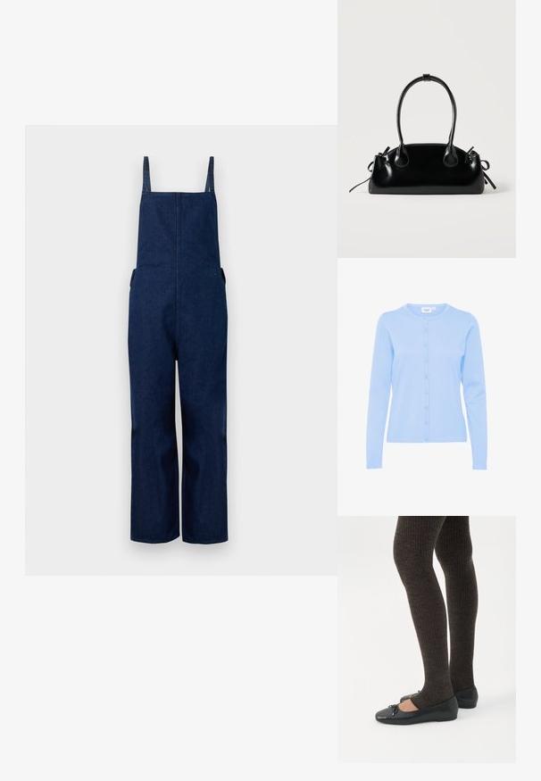 Marineblå denim overalls med brede ben, justerbare stropper og sidelommer, der har et rent, minimalistisk design og en glat tekstur.; Lyseblå langærmet cardigan lavet af et blødt strikket stof, med rund halsudskæring og en knappet front med matchende knapper.; Ben iført mørke ribbede leggings kombineret med sorte balletsko med små sløjfedetaljer på hvid baggrund.; Lille sort blank håndtaske med to lange håndtag og snøre-detaljer i siden på en ensfarvet lys baggrund.