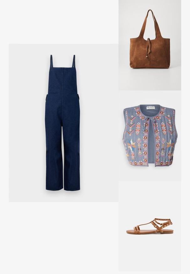 Salopette en denim marine avec jambes larges, bretelles ajustables et poches latérales, présentant un design épuré et minimaliste ainsi qu'une texture lisse.; Gilet sans manches gris avec une broderie multicolore complexe présentant des motifs géométriques et un col noué. Tissu doux et texturé.; Sandales plates brunes avec plusieurs brides, ornées de clous dorés et d'une sangle à boucle au niveau de la cheville. Semelle lisse avec un design minimaliste.; Sac fourre-tout en daim marron avec deux longues poignées, fermeture à cordon et texture lisse. Présente un design simple et des accents minimaux.