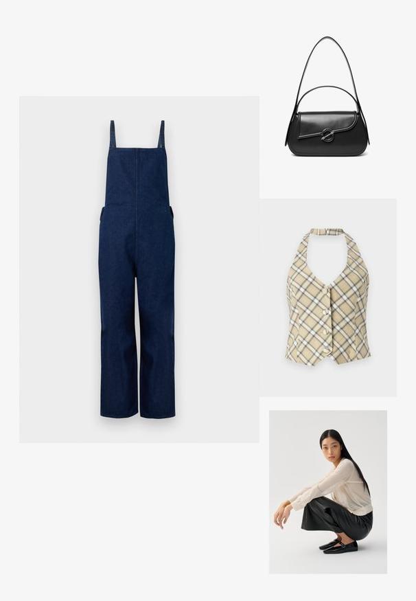 Salopette en denim marine avec jambes larges, bretelles ajustables et poches latérales, présentant un design épuré et minimaliste ainsi qu'une texture lisse.; Haut halter en plaid beige avec des accents noirs et blancs, présentant un décolleté en V profond et cinq boutons sur le devant. Le tissu a une texture lisse.; Pull léger beige clair en maille transparente avec des manches bouffantes, associé à un pantalon large en cuir noir et des chaussures noires brillantes avec un détail de sangle.; Sac à bandoulière en cuir noir avec un rabat incurvé fermé par un fermoir métallique rond et une sangle fine et ajustable.