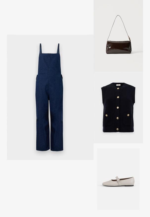 Marineblå denim overalls med brede ben, justerbare stropper og sidelommer, der har et rent, minimalistisk design og en glat tekstur.; Marineblå strikket vest med rund hals, korte ærmer og seks gyldne knaplukninger. Har to forlommer.; Beige læder Mary Jane flad sko med spids tå, ankelrem og en sølvspænde detalje, der har en lav sort hæl.; Mørkebrun rektangulær læder skuldertaske med en enkelt tynd rem og spænde i guldton på en ensfarvet baggrund.