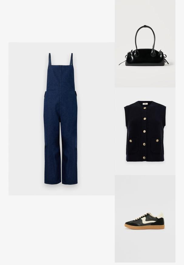 Marineblå denim overalls med brede ben, justerbare stropper og sidelommer, der har et rent, minimalistisk design og en glat tekstur.; Marineblå strikket vest med rund hals, korte ærmer og seks gyldne knaplukninger. Har to forlommer.; Sorte ruskinds- og lædersneakers med en cremefarvet side-swoosh og lys cremefarvet hæl. Har beige snørebånd og en gummirubber-sål.; Lille sort blank håndtaske med to lange håndtag og snøre-detaljer i siden på en ensfarvet lys baggrund.
