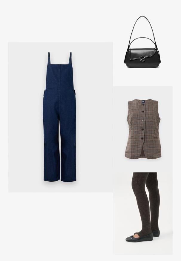 Marineblå denim overalls med brede ben, justerbare stropper og sidelommer, der har et rent, minimalistisk design og en glat tekstur.; Ærmeløs plaid vest med fem sorte knapper, to forlommer og rund halsudskæring i brune og afdæmpede nuancer.; Ben iført mørke ribbede leggings kombineret med sorte balletsko med små sløjfedetaljer på hvid baggrund.; Sort skuldertaske i læder med en buet klap, der er fastgjort med en rund metal spænde, og en slank, justerbar rem.