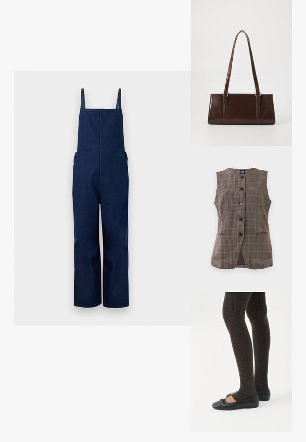Marine denim dungarees met wijd uitlopende benen, verstelbare banden en zijzakken, met een strakke, minimalistische uitstraling en een zachte textuur.; Mouwloos geruit vest met vijf zwarte knopen, twee voorste splitzakken en een ronde halslijn, in bruin en gedempte tinten.; Benen met donkere geribbelde leggings gecombineerd met zwarte ballerina's met kleine strikdetails op een witte achtergrond.; Bruine lakleren handtas met een rechthoekige vorm, twee lange handvatten en subtiele gebogen accenten aan de voorkant.