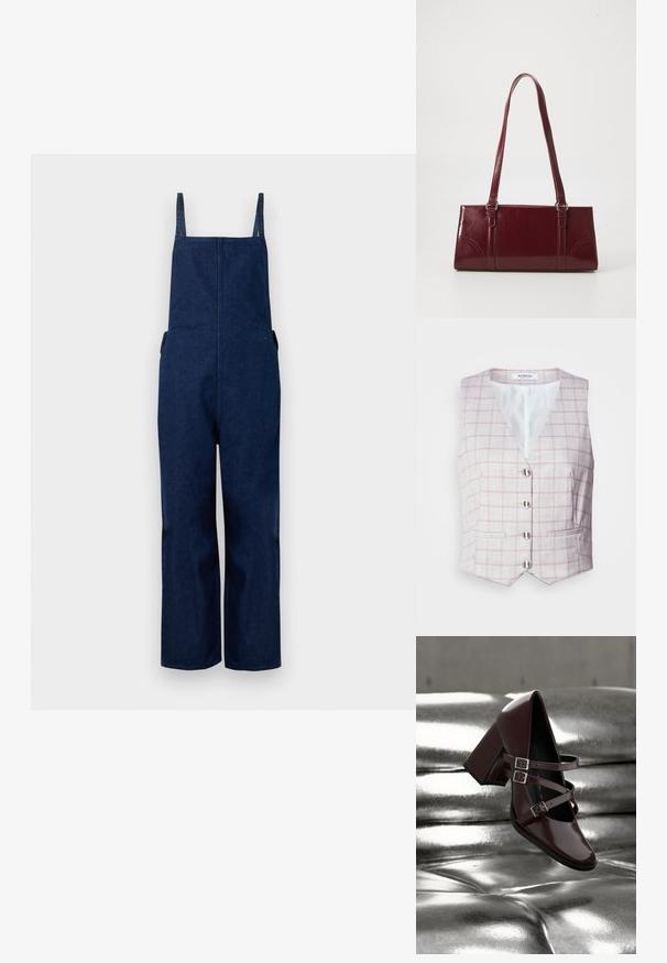 Marine denim dungarees met wijd uitlopende benen, verstelbare banden en zijzakken, met een strakke, minimalistische uitstraling en een zachte textuur.; Lichtgrijze vest met roze ruitpatroon, V-hals, zes zilveren knoopsluitingen en twee zakken aan de voorkant. Gemaakt van gestructureerde stof.; Glanzende donker bordeauxrode Mary Jane schoen met drie bandjes en zilveren gespen zweeft boven een zilverkleurig metalen kussens oppervlak.; Bourgondische handtas van glanzend materiaal, rechthoekige vorm, met twee schouderbanden en subtiele gebogen accenten aan de voorkant.