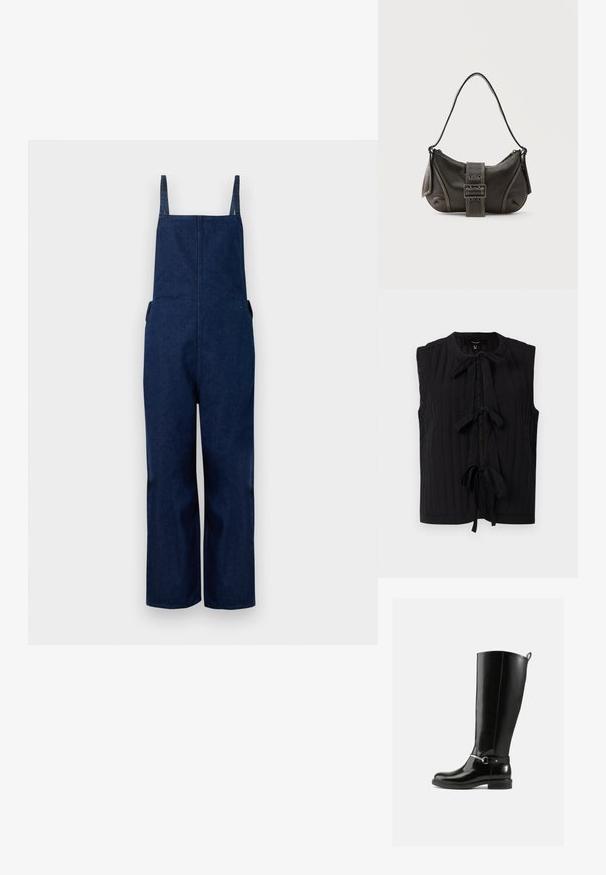 Tumed denim üleüldised püksid laia säärega, reguleeritavate rihmade ja küljetaskutega, millel on puhas, minimalistlik disain ja sile tekstuur.; Mustris kõhulise kaelusega must rihmata top, millel on ribakujuline tekstuur ja ees jooned lipsudega. Sile kangas, mis järgib keha kuju.; Mustad põlvekõrgused saapad läikivast nahast, millel on hõbedane pandla detail pahkluu kohal ja ümar etteotsa disain. Tasapinnaline tald.; Mustast nahast õlakott pandlanööriga detailiga, kõverate servade ja kontrastse valge õmblusega tavalise tausta peal.