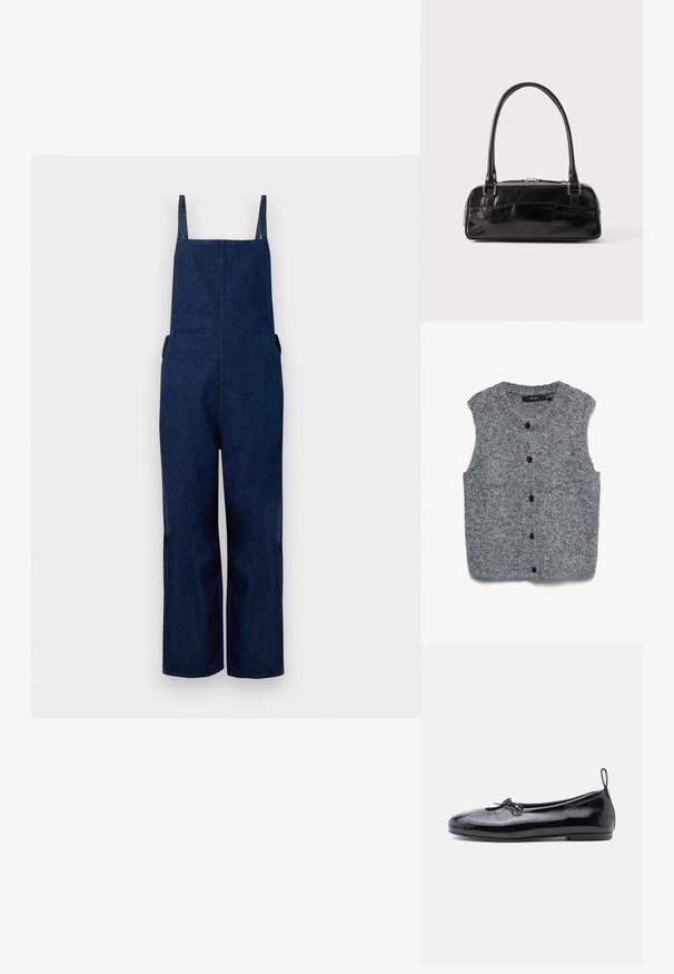 Salopette en denim marine avec jambes larges, bretelles ajustables et poches latérales, présentant un design épuré et minimaliste ainsi qu'une texture lisse.; Veste sans manches en maille grise avec une texture douce, présentant un col arrondi et six boutons noirs sur le devant.; Ballerine en cuir verni noir avec un bout rond, un petit nœud décoratif et une texture lisse ; présente une semelle plate basse et une languette au talon.; Sac à main en cuir noir de forme rectangulaire, doté d'une seule ansse structurée, de quincaillerie argentée et d'une fermeture éclair. Texture lisse.
