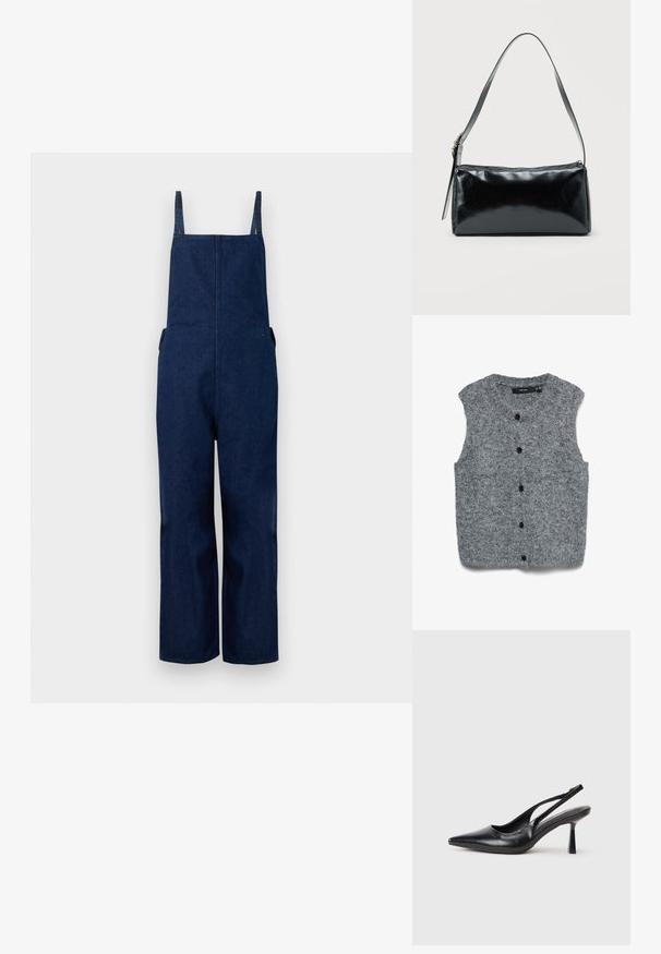Marineblå denim overalls med brede ben, justerbare stropper og sidelommer, der har et rent, minimalistisk design og en glat tekstur.; Grå strikket ærmeløs vest med blød tekstur, med rund halsudskæring og seks sorte knapper ned foran.; Sort læderslagback højhælet sko med spids tå og slank hæl på en hvid baggrund.; Sort rektangulær skuldertaske med en enkelt justerbar rem og lynlås i toppen på en ensfarvet baggrund.