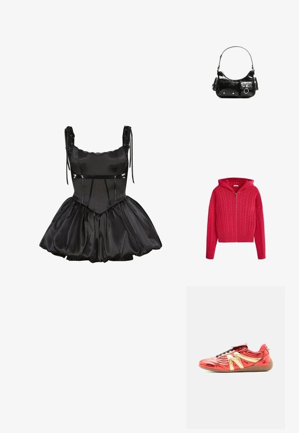 Mini-robe en satin noir avec jupe bouffante, corsage ajusté, encolure ornée de dentelle, bretelles réglables avec œillets métalliques et liens en ruban.; Sweat à capuche rouge en maille torsadée avec fermeture éclair, manches longues, poignets et ourlet côtelés, présenté sur fond blanc.; Baskets basses rouges avec un motif "N" doré métallisé, lacets noirs et semelle marron, vues de profil sur fond blanc.; Sac à main en cuir verni noir avec une forme incurvée, une bandoulière, des poches avant et des accents en métal argenté.