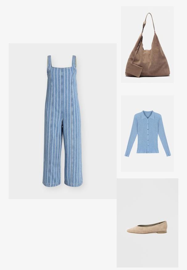 Mono vaquero azul sin mangas con rayas verticales blancas y pantalones anchos y cortos sobre fondo liso.; Cárdigan de punto acanalado azul claro con cuello y cierre de botones. Presenta manga larga y un diseño ajustado.; Zapato plano de ante beige para mujer con punta puntiaguda y pequeño tacón, mostrado de lado sobre un fondo claro y liso.; Zign by Zalando LEATHER - Bolso shopping - light brown