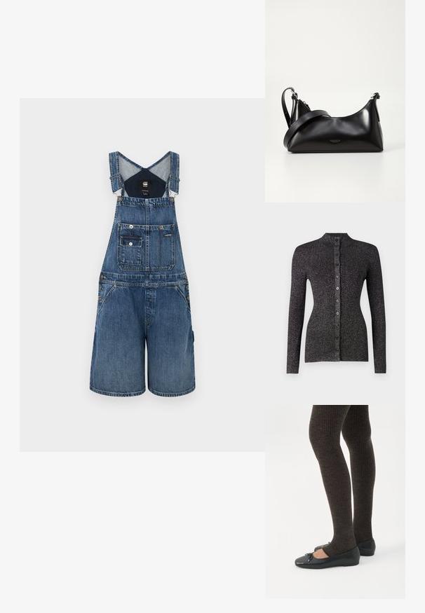 Salopette en denim bleu à jambes larges, avec des bretelles ajustables, une poches avant, du matériel en métal et une finition texturée.; Gilet noir à côtes en matériau texturé, doté d'un col haut, de manches longues et d'une rangée de six boutons coordonnés sur le devant.; Jambes portant des leggings côtelés foncés associés à des ballerines noires avec de petits détails en nœud sur fond blanc.; Sac à main en cuir noir avec une texture lisse. Dispose d'une bandoulière adjustable et d'un design élégant et minimaliste avec une fermeture éclair.