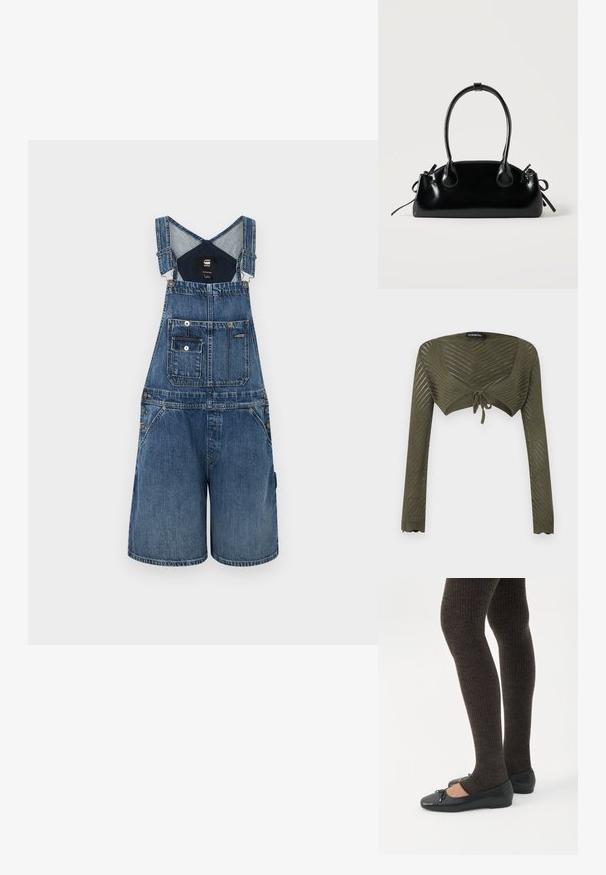 Salopette en denim bleu à jambes larges, avec des bretelles ajustables, une poches avant, du matériel en métal et une finition texturée.; Shrug tricoté court vert olive à manches longues avec motif ajouré chevron et fermeture à nouer devant.; Jambes portant des leggings côtelés foncés associés à des ballerines noires avec de petits détails en nœud sur fond blanc.; Petit sac à main noir brillant avec deux longues anses et des détails à cordon sur les côtés sur un fond clair uni.