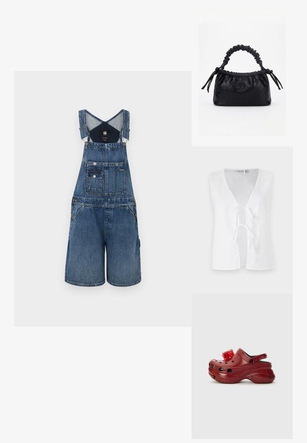 Salopette en denim bleu à jambes larges, avec des bretelles ajustables, une poches avant, du matériel en métal et une finition texturée.; Haut sans manches blanc avec un décolleté en V profond, ouverture frontale maintenue par des liens. Texture lisse avec un design minimaliste, sans motifs ni embellissements.; Sabot en plastique rouge avec des trous de ventilation, un talon surélevé et une décoration florale sur le dessus. Présente une sangle à l'arrière et des bords texturés.; Sac à main noir avec texture crocodile, bord supérieur froncé, poignée plissée et pompons à cordon de chaque côté sur fond blanc.