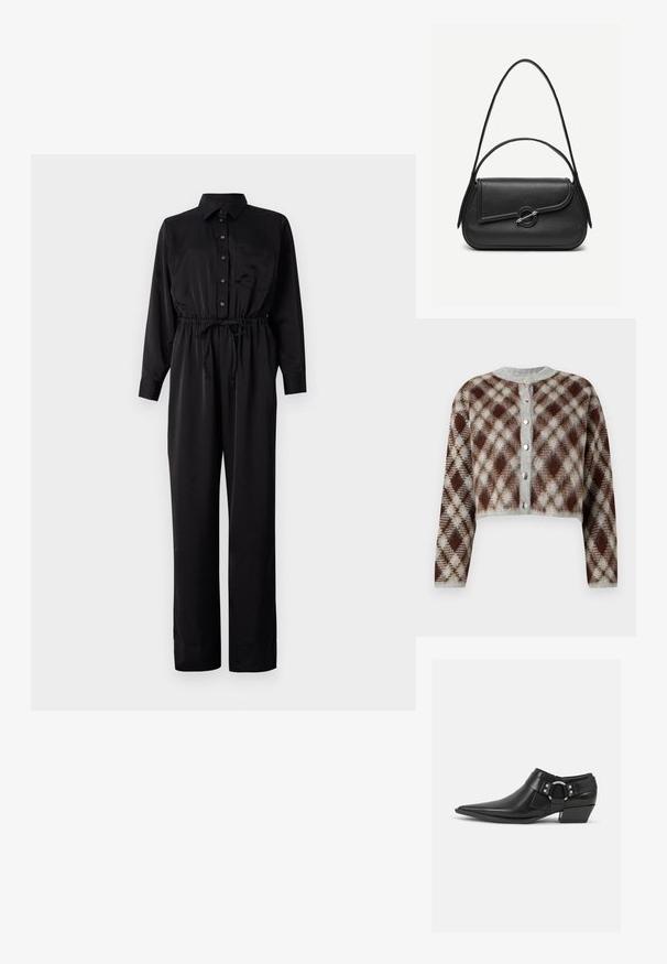 Schwarzer Jumpsuit mit langen Ärmeln, durchgehender Knopfleiste, Brusttasche, elastischem Bund mit Kordelzug und weitem Beinschnitt aus einem glatten Stoff.; Kurzes Cardigan in einem braun-grauen-beigen Rautenmuster. Mit einem Rundhalsausschnitt und fünf silberfarbenen Knöpfen auf der Vorderseite.; Schwarze Leder-Ankle-Boots mit spitzem Zeh, ausgestattet mit einem vorderen Leder-Riemen und einem silbernen Schnallendetail sowie einem niedrigen Blockabsatz.; Schwarze Lederhandtasche mit abgerundeten Kanten, asymmetrischem Überschlag, metallfarbenem runden Verschluss und kurzen sowie langen Schulterriemen.