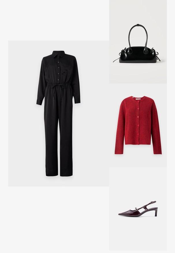 Zwarte jumpsuit met lange mouwen, knoopsluiting aan de voorkant, borstzak, elastische taille met trekkoord en wijde pijpen van een gladde stof.; Selected SLFLULU - Vest - equestrian red; Bordeaux lakleren slingback schoen met spitse neus, lage hak en dubbele verstelbare gespsluitingen.; Kleine zwarte glanzende handtas met twee lange hengsels en zijkant trekkoord details op een effen lichte achtergrond.