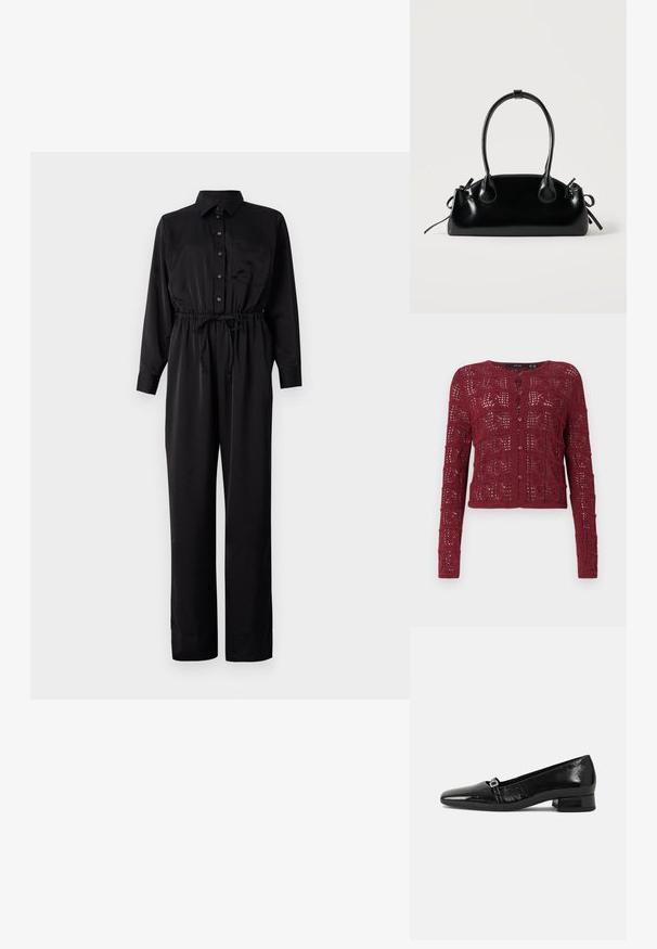 Zwarte jumpsuit met lange mouwen, knoopsluiting aan de voorkant, borstzak, elastische taille met trekkoord en wijde pijpen van een gladde stof.; Bordeaux gebreide cardigan met een gestructureerd open steekpatroon, met een ronde halslijn en knoopsluiting aan de voorkant.; Zwarte laarzen van gepatenteerd leer met een puntige neus, een lage vierkante hak en een kleine metalen gespdetail op de band. Gladde textuur.; Kleine zwarte glanzende handtas met twee lange hengsels en zijkant trekkoord details op een effen lichte achtergrond.