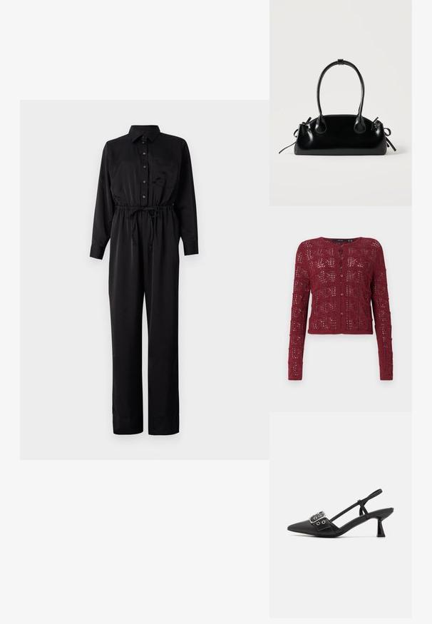 Zwarte jumpsuit met lange mouwen, knoopsluiting aan de voorkant, borstzak, elastische taille met trekkoord en wijde pijpen van een gladde stof.; Bordeaux gebreide cardigan met een gestructureerd open steekpatroon, met een ronde halslijn en knoopsluiting aan de voorkant.; Simmi London DALA - Klassieke pumps - black; Kleine zwarte glanzende handtas met twee lange hengsels en zijkant trekkoord details op een effen lichte achtergrond.
