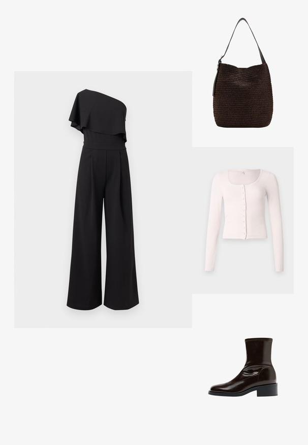 Sort jumpsuit med vide ben, ét-øjet flæsedetalje og tætsiddende talje på en ensartet lys baggrund.; Lyserød, figursyet top med lange ærmer og firkantet halsudskæring, ribbet tekstur og knaplukning foran med små, runde knapper.; Mørkebrun læderankelstøvle med firkantet tå, lav blokhæle og stikning langs øverste kant, vist i sideprofil.; Mørkebrun vævet skuldertaske med bred sort strop og en blød, fleksibel struktur.