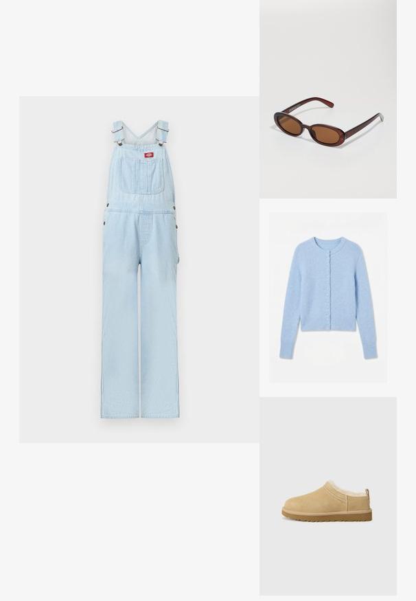 Lyseblå denimsoveralls med justerbare stropper, forlomme med rød logo-patch og brede, lige ben.; Lyseblå strikket cardigan med rund hals, lange ærmer og en forreste række af stofbeklædte knapper.; Suede slip-on sko i lys tan, med en blød pelsforing og tekstureret gummisål med en let hæl og bagestrop for nem påklædning.; Runde, bruntonede solbriller med en glansfuld bordeauxramme. Slanke arme med diskret brandingdetalje. Flad linsedesign.