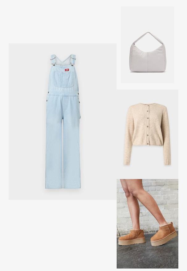 Hellblaue Jeans-Latzhose mit verstellbaren Trägern, Fronttasche mit rotem Logo-Patch und weiten, geraden Beinen.; Beiger langärmeliger Cardigan mit Knöpfen, rundem Ausschnitt sowie gerippten Bündchen und Saum, dargestellt auf einem schlichten hellgrauen Hintergrund.; Braune Wildleder-Stiefeletten mit einem weichen Futter, dicker beige Plateau-Sohle und einer Zuglasche auf der Rückseite. Strukturiert Oberfläche mit sichtbaren Nähdetails.; Hellgraue gepolsterte Schultertasche mit einer geschwungenen Form, ausgestattet mit einem einzigen Griff und einer glatten, strukturierten Oberfläche. Schlichtes Design ohne zusätzliche Beschläge.