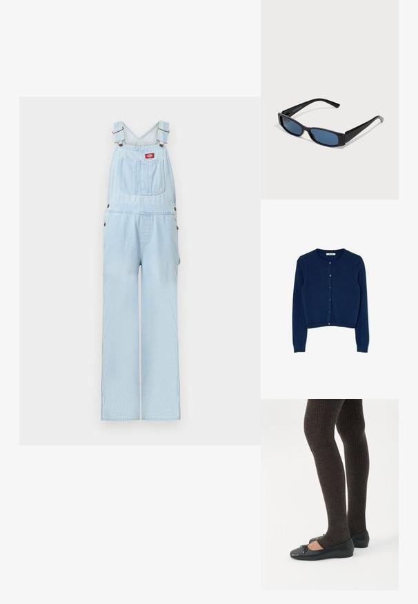 Lyseblå denimsoveralls med justerbare stropper, forlomme med rød logo-patch og brede, lige ben.; Navyblå strikket cardigan med lange ærmer, rund halsudskæring og seks-knaps lukning foran. Har ribbede manchetter og nederste kant.; Ben iført mørke ribbede leggings kombineret med sorte balletsko med små sløjfedetaljer på hvid baggrund.; Sorte solbriller med en slank rektangulær ramme og blå linser. Har en glat overflade og robuste stænger. Mærkets logo på siden.