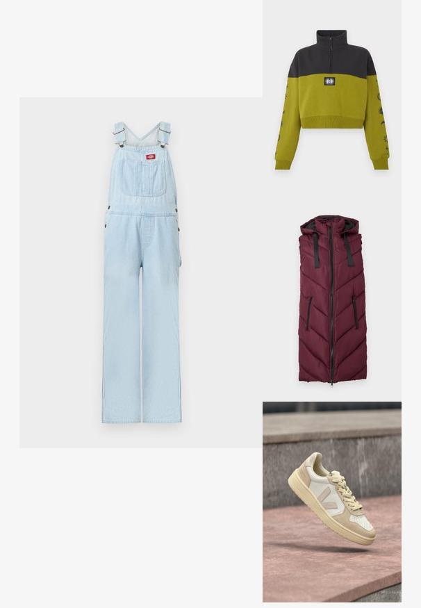 Lichtblauwe denim tuinbroek met verstelbare bandjes, voorzak met rood logopatch en brede rechte pijpen.; Bordeaux puffer gilet met een capuchon, voorzien van een chevron quiltpatroon, een ritssluiting aan de voorkant en twee zijzakken met rits.; Bijgesneden olijfgroene en zwarte trui met een kwart rits, zon- en maanpatch op de borst en hemelse ontwerpen op de mouwen.; Beige en witte lage sneaker met suède en leren panelen, geperforeerde neus en een distinctief "V"-logo aan de zijkant.