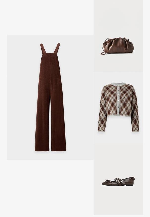 Bruine wijde corduroy-overalls met schouderbandjes en een vierkante halslijn op een witte achtergrond.; Korte cardigan in een bruine, grijze en beige ruitpatroon. Voorzien van een ronde hals en vijf zilverkleurige knopen aan de voorkant.; Donkerbruine leren platte schoen met puntige neus, dubbele zilveren gespsluitingen, metalen klinknagels en een decoratief strikje aan de voorkant.; Zachte bruine leren tas met samengevouwen bovenkant en smalle riem, liggend op een witte achtergrond.