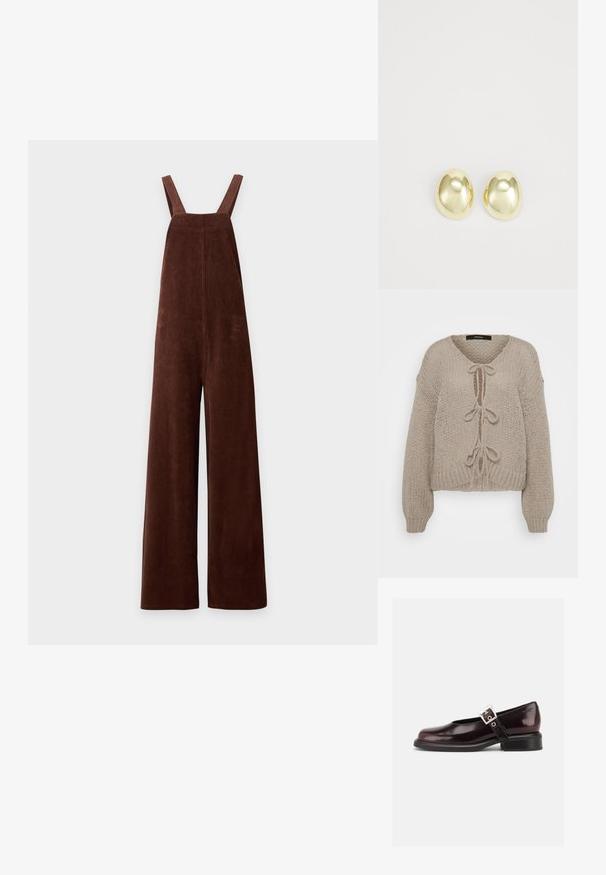 Brune vidde fløjlsbukser med skulderstropper og firkantet halsudskæring på hvid baggrund.; Beige strikket cardigan med V-udskæring, der har frontbindinger, lange ærmer og ribbede manchetter. Blød tekstur og hyggeligt design.; En enkelt blank mørk burgunder Mary Jane sko med bred rem og sølvspænde, lav blokhæle og rundet tå på hvid baggrund.; Guldtonede metalstudøreringe med en glat, rund form og poleret overflade. Simpelt design uden yderligere dekorationer.
