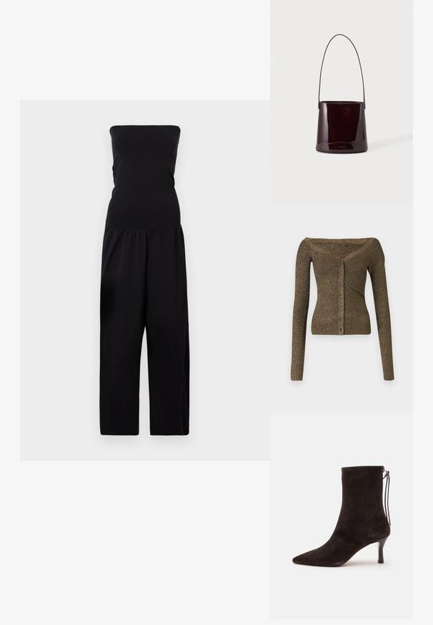 By Malene Birger MARCIEL - Buksedragter - black; Af- skulderen, langærmet cardigan i metallisk olivengrøn strik, med knapfront og ribbet tekstur. Slim fit med subtil glans.; Sort ruskind ankelstøvle med spids tå, mellemhøj slank hæl og lynlås med trækstreng bagpå.; Mørkebrun blank spandtaske med lang tynd rem og minimal synlig syning på en lys baggrund.