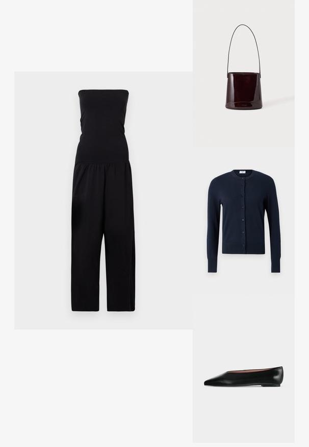 By Malene Birger MARCIEL - Lühikeste varrukatega bodi - black; Filippa K CARDIGAN - Kardigan - navy; Mustast nahast naiste madala kontsaga ja terava ninaga king, külgvaates hästi nähtav helehallil ühtlasel taustal.; Tumepruun läikiv ämbrikujuline käekott pika õhukese rihma ja minimaalse nähtava õmblusega heledal taustal.